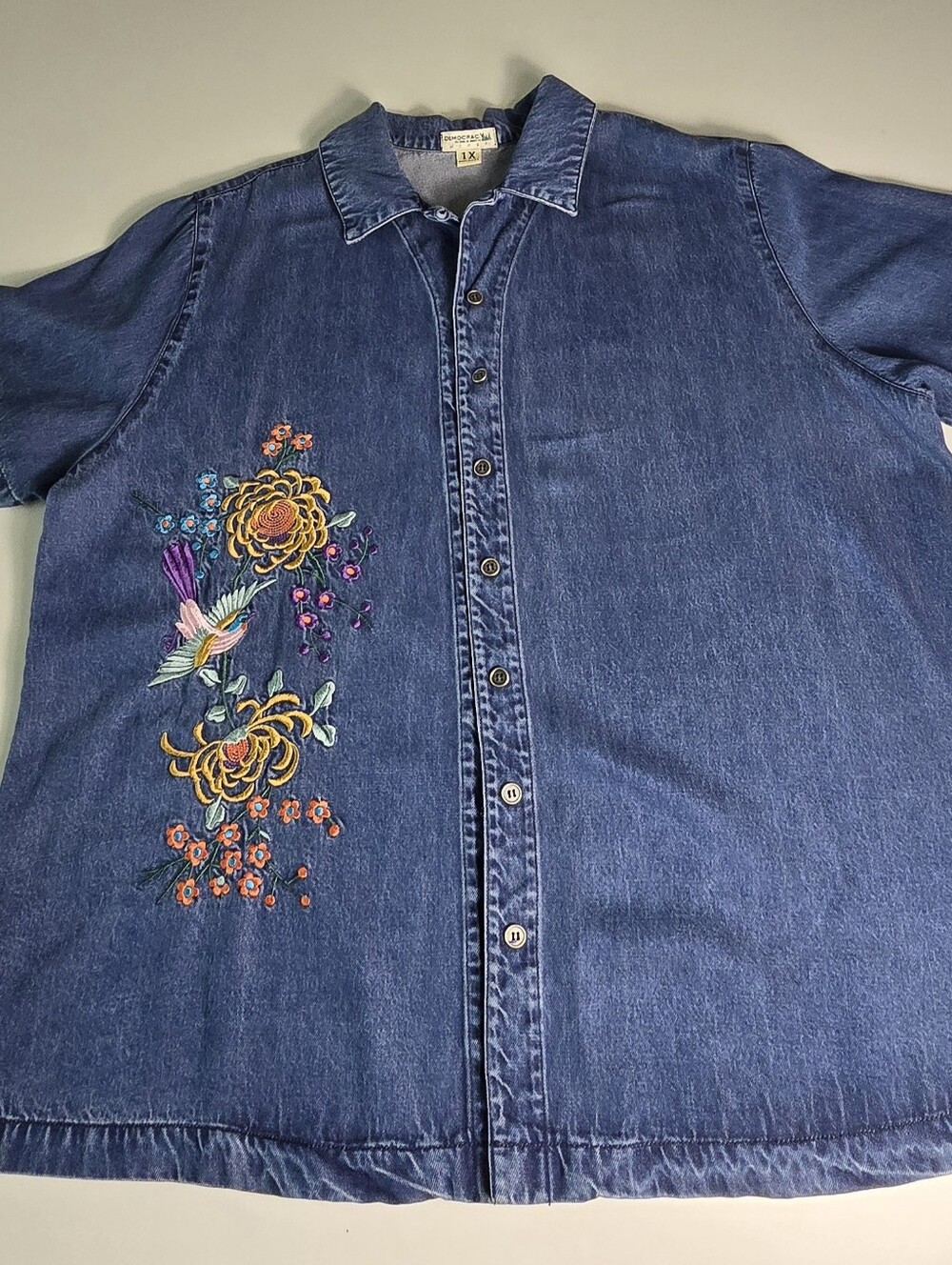 Democracy Embroidered Floral Denim Button-Up Shirt - Blue